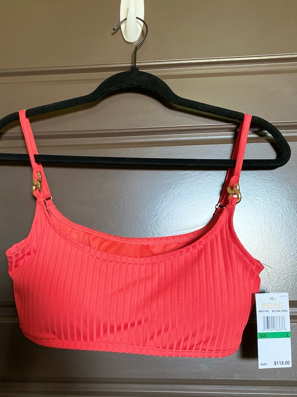 MICHAEL Michael Kors Coral Red Ribbed Crop Bralette with Gold Accents